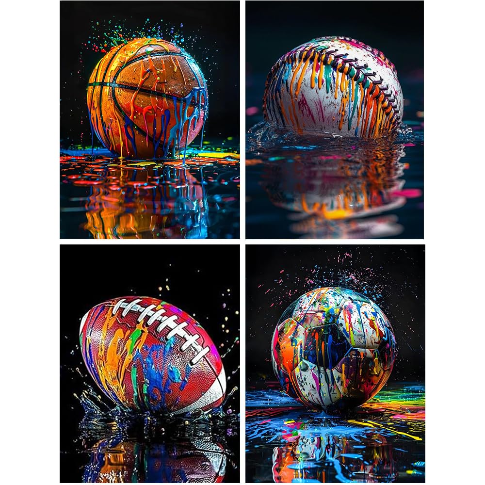 4 Pack Ball Diamond Art Kits for Adults,Graffiti Sports Diamond Painting Kits for Adults Beginner,5D DIY Round Full Drill Gem Crystal Art,Adults Paint by Diamonds Dots for Home Wall Decor 11.8x15.7in