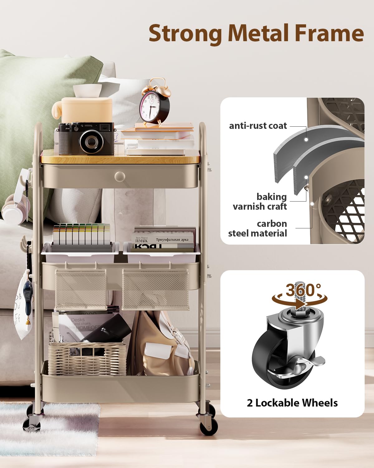 ALVOROG Rolling Cart with Drawer and Wood Table Top, 3 Tier Metal Rolling Utility Cart on Wheels with DIY Pegboards, Hanging Baskets, Hooks for Kitchen, Bedroom, Office, Craft Supplies