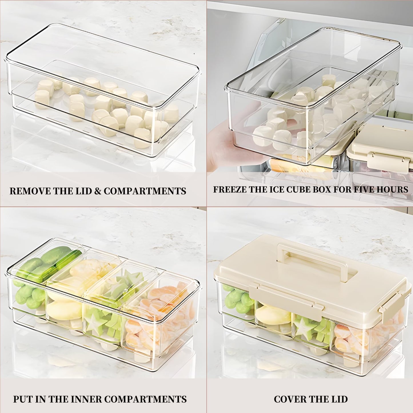MANO 2pack Chilled Condiment Caddy with Lid Iced Snackle Box Container for Fruit Veggie Serving Tray with Handle Divided Garnish Tray Server Outdoor Camping Picnic Fridge Storage white
