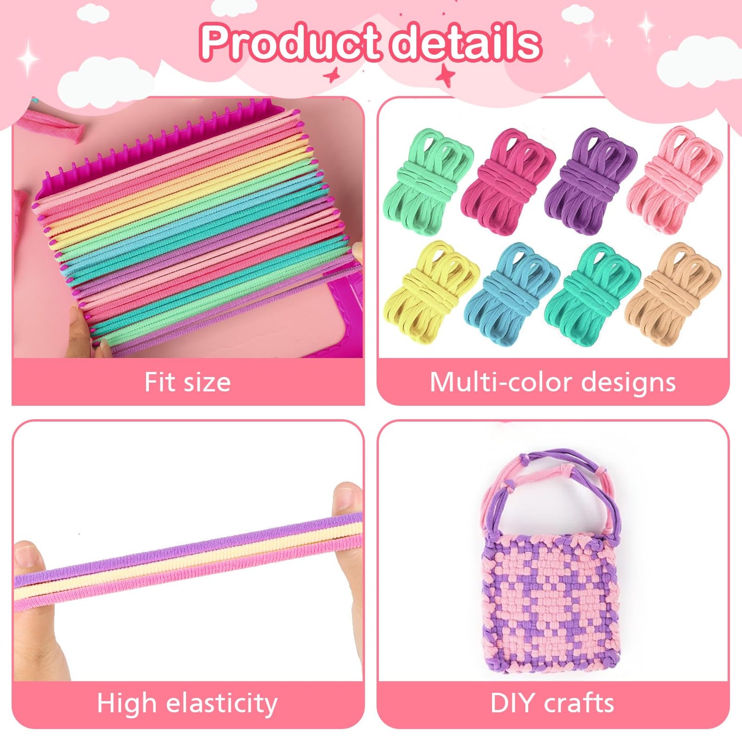 1000pcs Refill Loops for 7-Inch Weaving Loom Potholder Loop in 8 Colors, Durable Nylon DIY Kit Crafts Projects Pastel Loops Flexible Loom Kit Elastic Ideal Gifts for Girls Ages