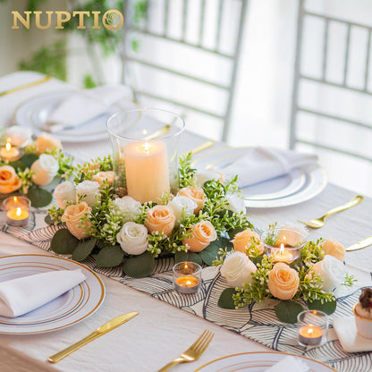 NUPTIO Flower Candle Rings Centerpieces: 13.4 Inch Champagne & White Artificial Rose Wreath for Wedding Party Christmas Decorations - Spring Summer Front Door Porch Decor 2 Pcs