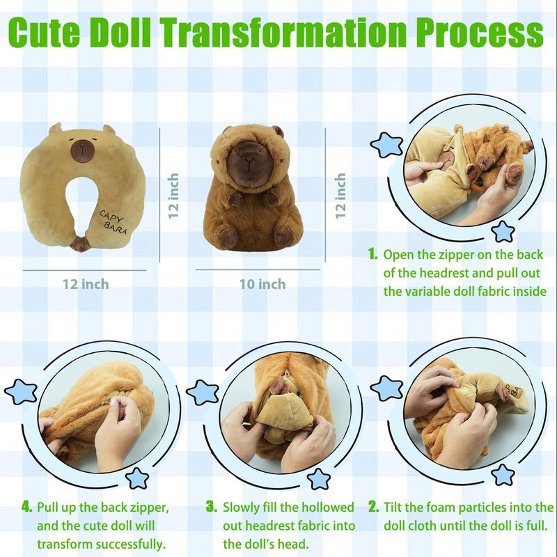 hrabykt Capybara Travel Pillow for Kids & Adults Car Neck Pillow Memory Cotton U-Shaped Neck Pillow Soft Head Support Travel Accessories for Airplane Car Train Bus Airplane Pillow