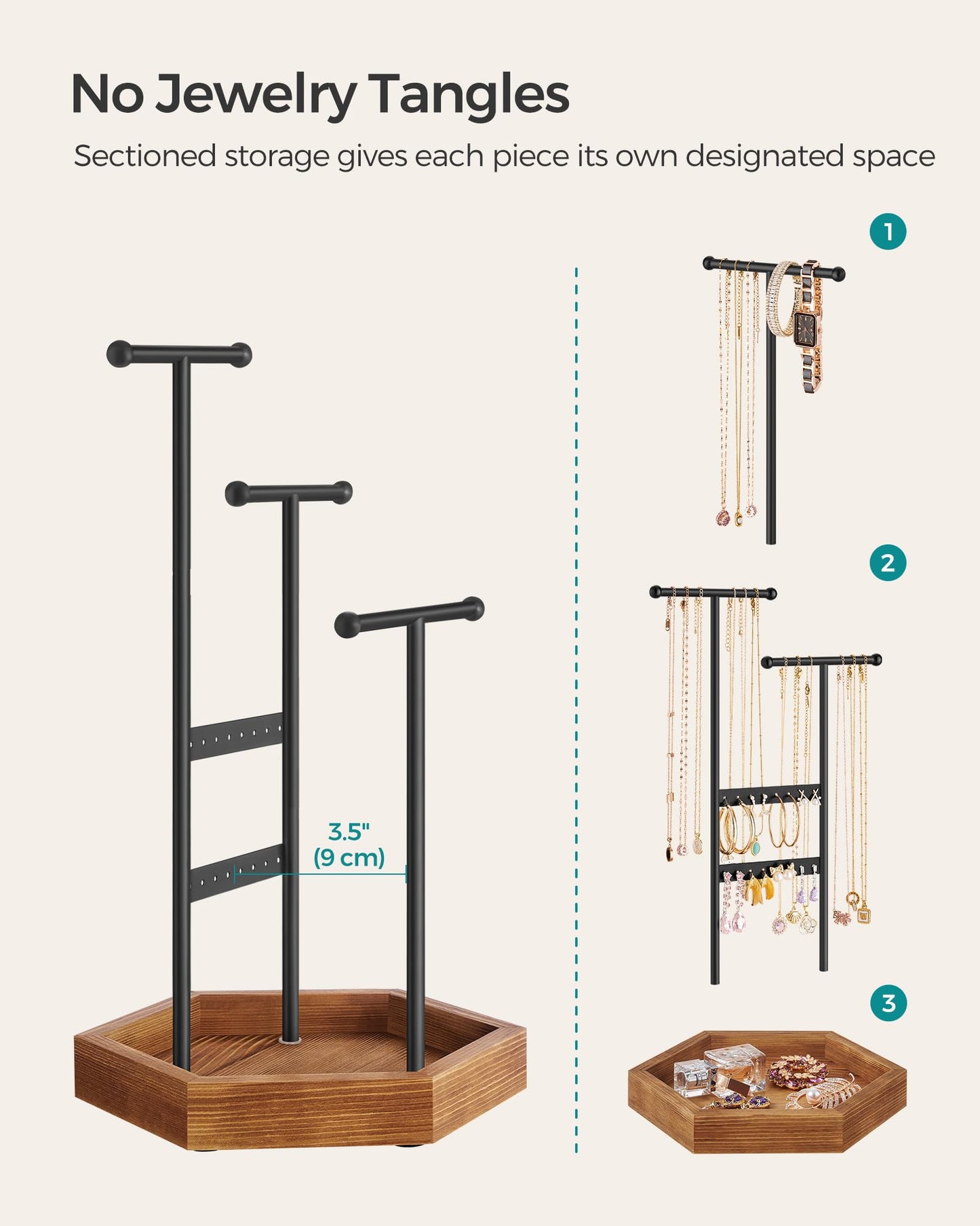 SONGMICS Jewelry Holder, Jewelry Organizer, 3 Tiers and 1 Tray, Jewelry Display Stand with Metal Frame, Necklace Earring Bracelet Holder, for Rings, Ink Black and Caramel Brown UJJS03CB