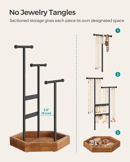 SONGMICS Jewelry Holder, Jewelry Organizer, 3 Tiers and 1 Tray, Jewelry Display Stand with Metal Frame, Necklace Earring Bracelet Holder, for Rings, Ink Black and Caramel Brown UJJS03CB