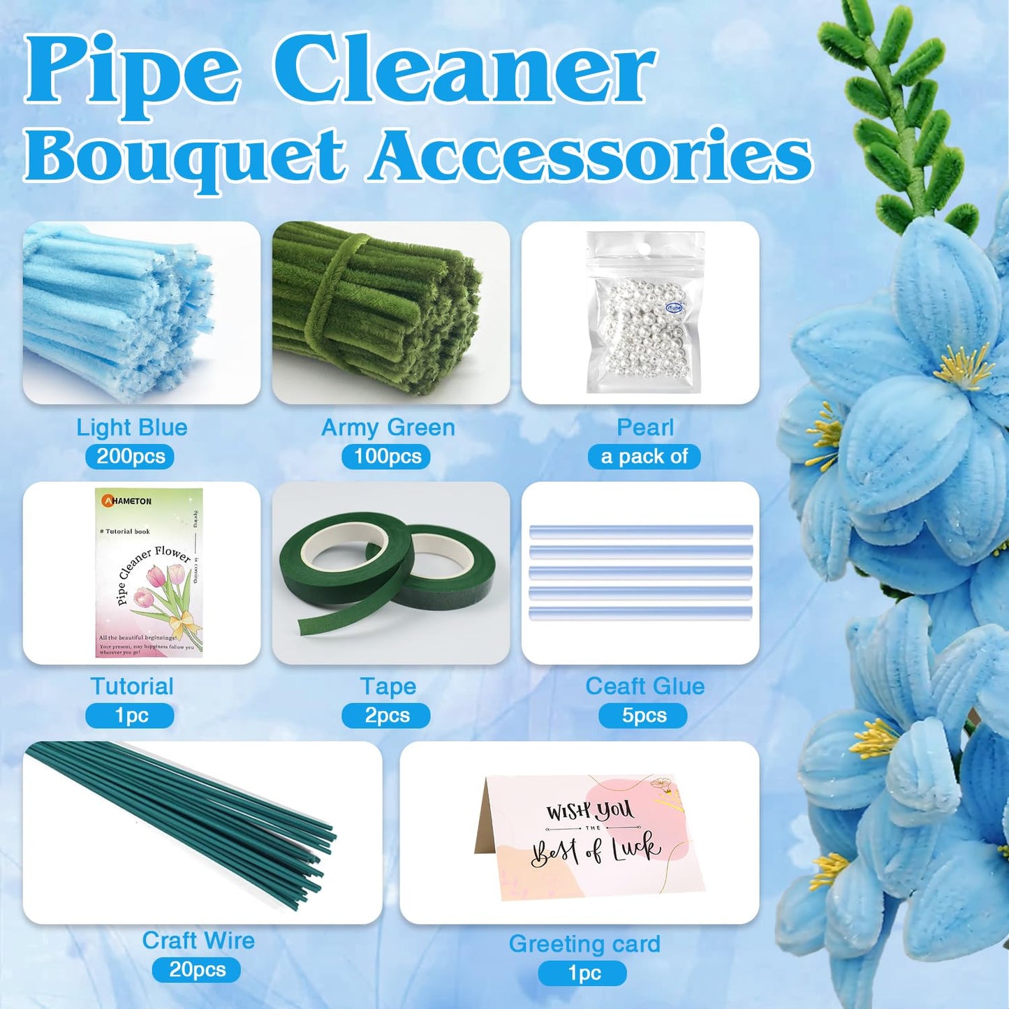 300Pieces Blue Pipe Cleaners Flower Kit with 20 Floral Wires, Floral Tape etc, Fluffy Blue Green Pipe Cleaners Craft Supplies, DIY Flower Kit for Wedding Mother's Day Gift, Holiday Decoration