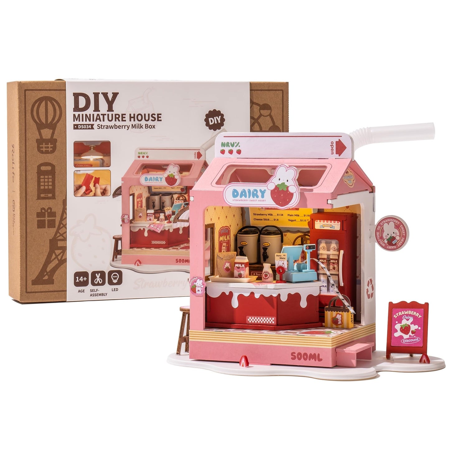 Wowood DIY Mini House Building Miniature Kit Milkbox, Miniverse Lifestyle Bookshelf Decoration, Cute Craft Kits for Women or Girls 14+, Kawaii Gifts Hobbies for Crafters (Strawberry Milkbox)
