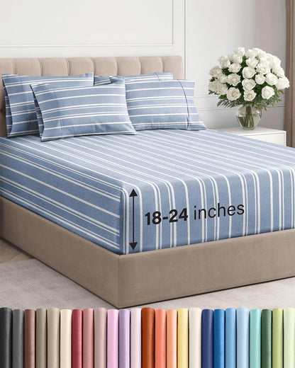 Skiennix Extra Deep Cal King Sheet Set | 6-Piece Breathable Cooling Bedding - Soft, Wrinkle-Free, Blue Stripes