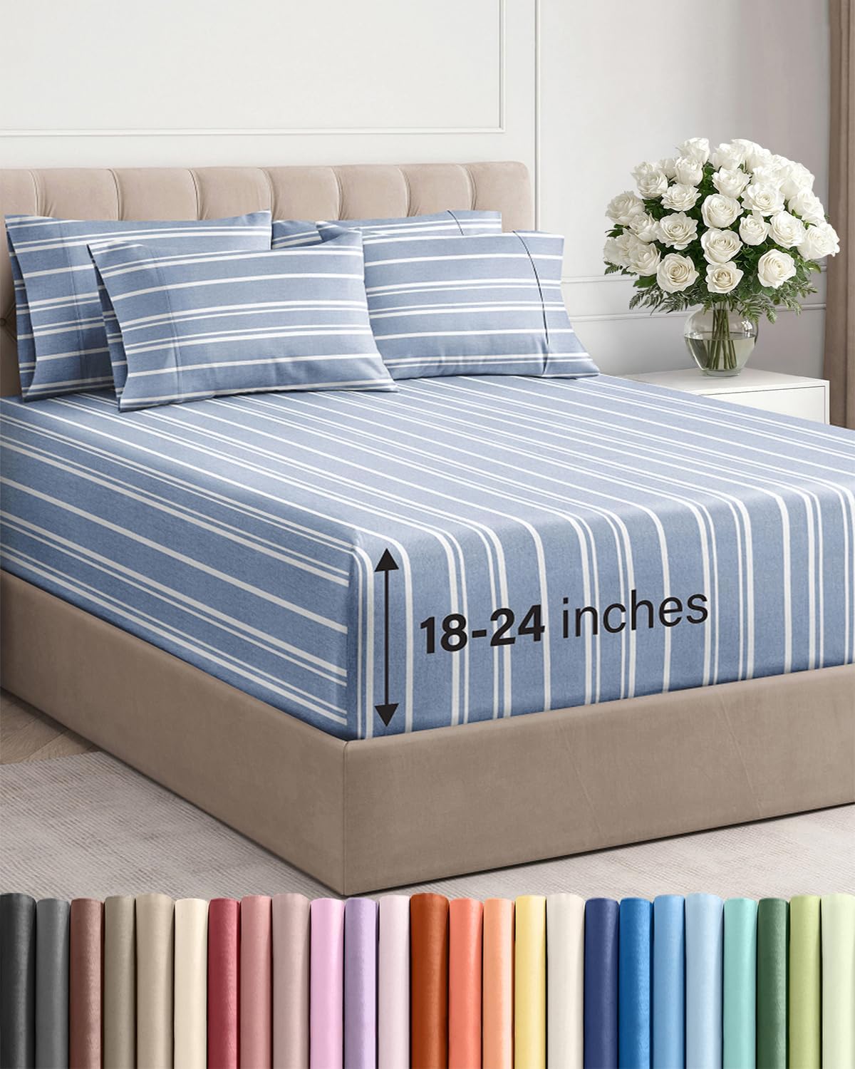 Skiennix Extra Deep King Sheet Set - 6-Piece Breathable Cooling Bedding - Soft, Wrinkle-Free Blue Stripes