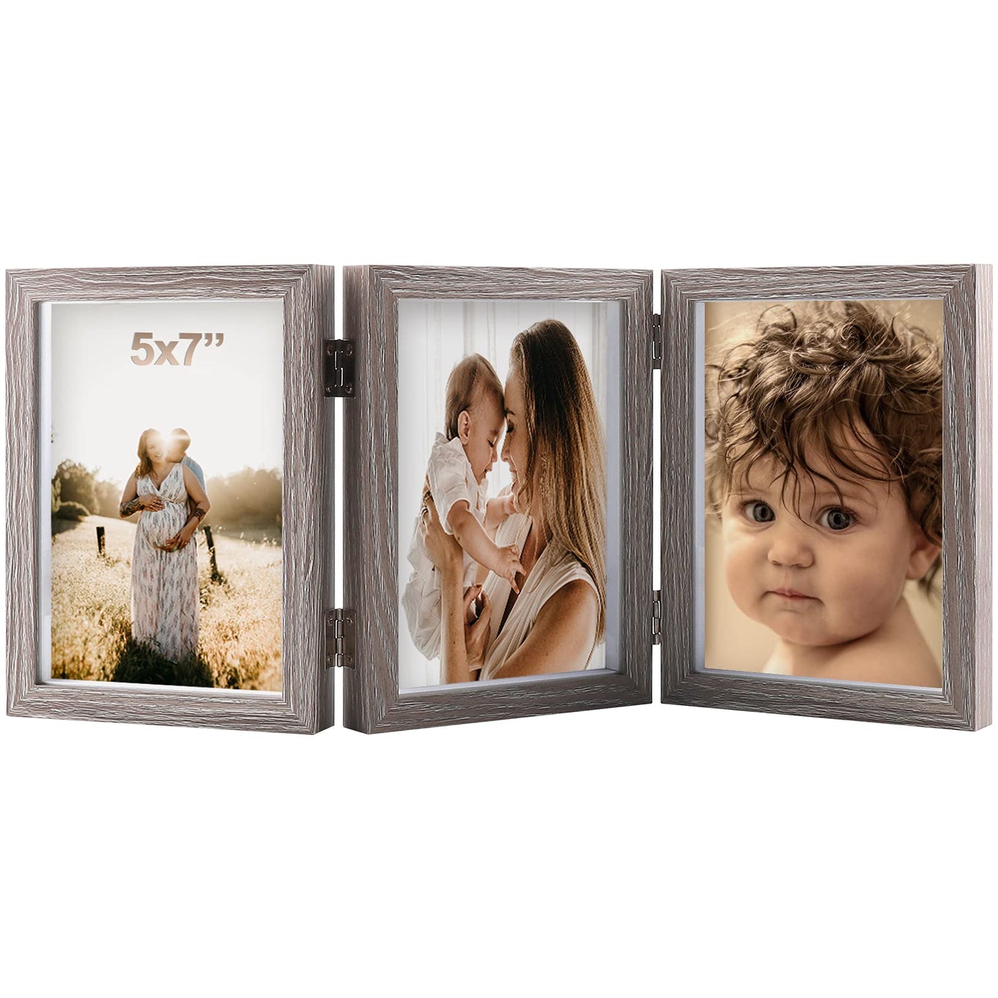 5x7 Triple Hinged Picture Frames Shadow Box MDF Wood Grey with Real Glass 3 Vertical Opening Family Lover Gift
