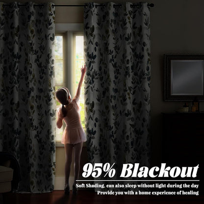 84" 53" 2 Set Renaiss Botanical Herbs Blackout Curtains, Vintage Eucalyptus Leaf Thermal Insulated Bedroom Window