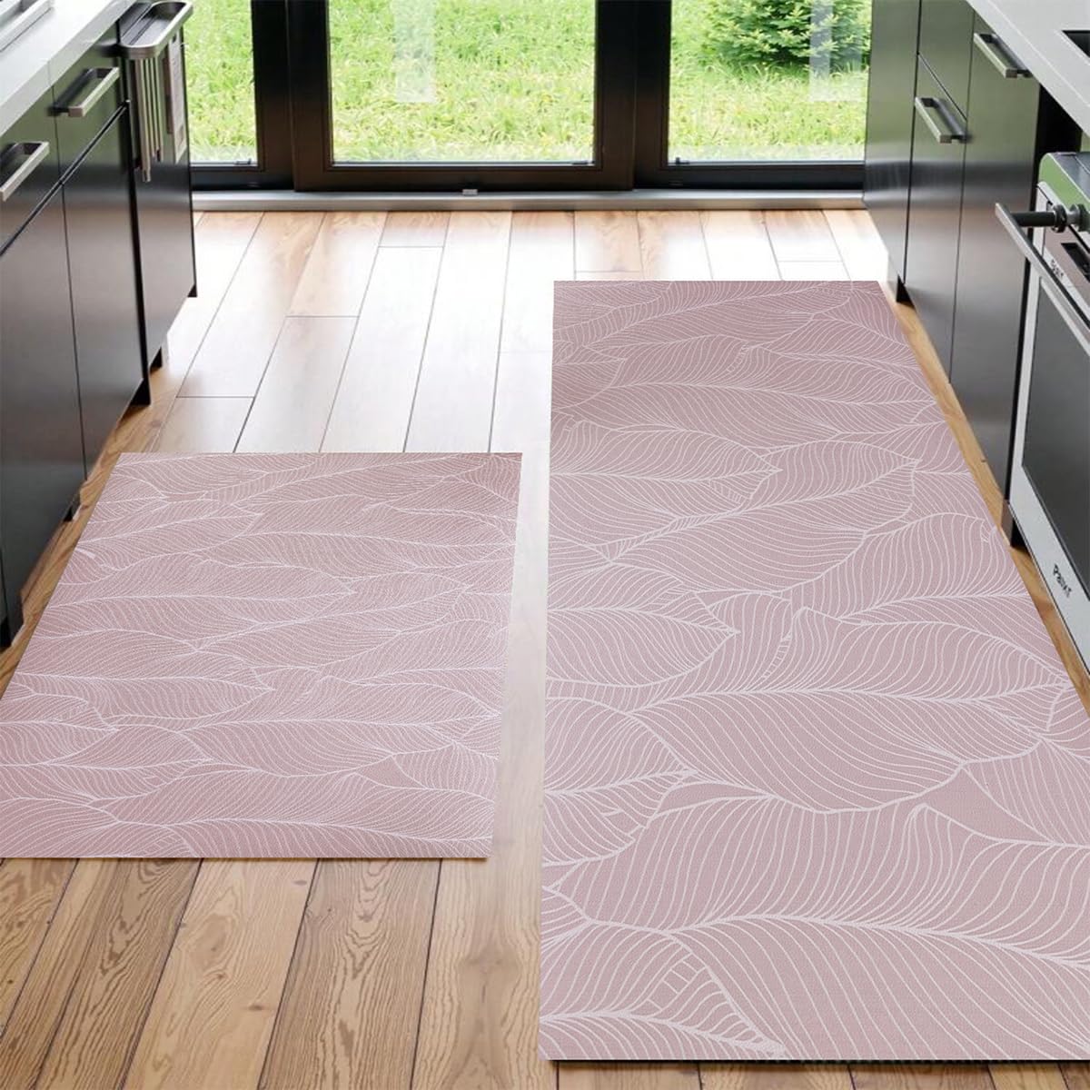 CHKYUZEN PVC Foam Anti Fatigue Printed Kitchen Mat and Rug, Foot Comfort, Anti Slip, Stain Release, Set of 2pcs (17"x30" & 17" x47), (2pc Set, Leaf Design)