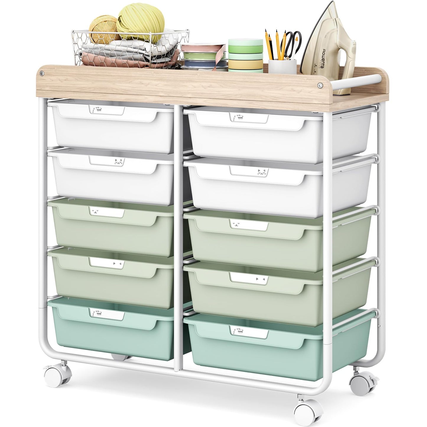 10 Drawers Rolling Cart with Wooden Tabletop, Utility Storage Cart with Wheels, Art Supply Craft Organizer on Wheel with Metal Frame & Handles for Home Office School,Green