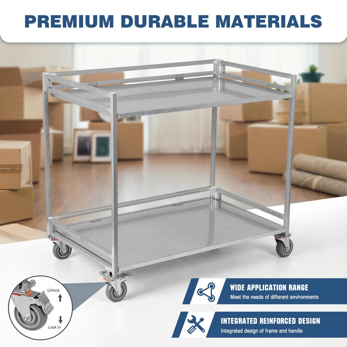 Generic 2 Shelf Rolling Cart Utility Commercial Cart with Wheels 660lbs Capacity with Handle for Warehouse/Garage/Cleaning/Manufacturing