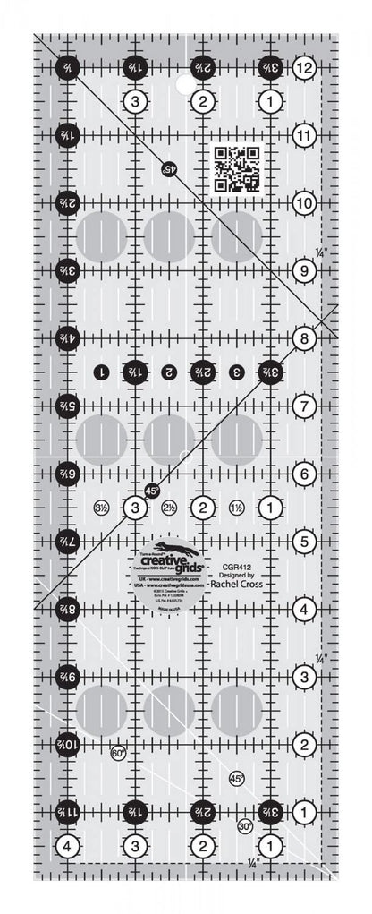 Creative Grids Quilt Ruler 4-1/2in x 12-1/2in Rectangle – CGR412 – Made in USA, Non-Slip Grip Acrylic Quilting, Sewing, Crafting, Patchwork Ruler for Measuring & Cutting Fabric