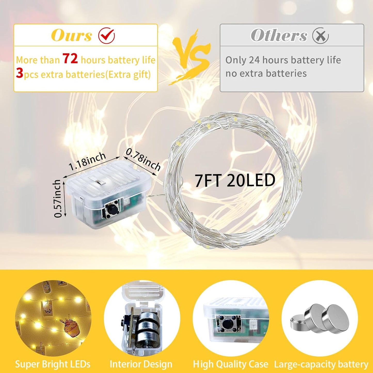 24 Pack 7Ft 20 3 Yellow Fairy Lights LED Twinkle String Lights Modes Battery Operated Waterproof Firefly Starry