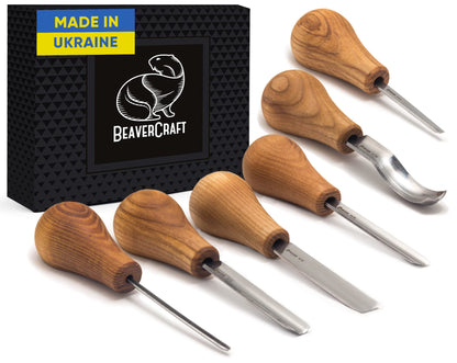 BeaverCraft Wood Carving Gouges Kit SC05 - Wood Carving Chisels Set with Palm Gouge & Flat Straight Chisel, Rounded Short Bent, V-chisels - Whittling Knives, Tools for Beginners and Profi Carvers