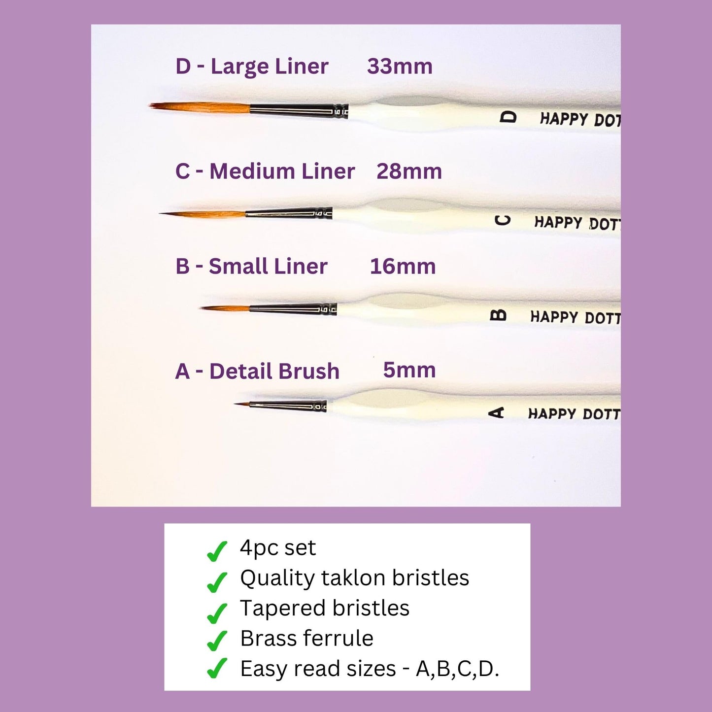 Mandala Liner Brushes for dot Mandala Art - 4 pc Liner Paint Brush Set x 2 - Happy Dotting Company - Perfect for swipes and swooshes - Plus Practise Sheets with Instructions