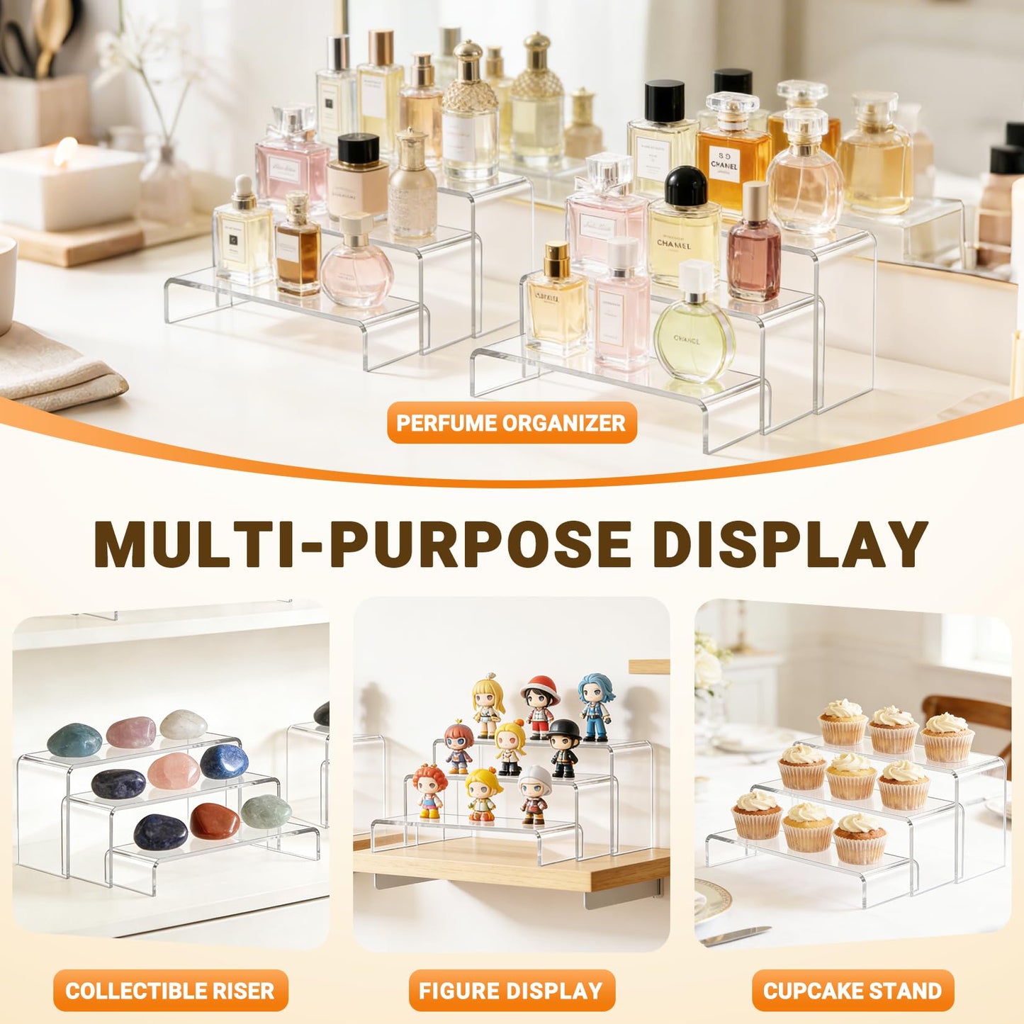 FUNFERY Acrylic Display Risers,2 Sets(7.8" L~8.2" L~8.6" L) Display Stand Shelf for Figure,Collectibles,Cupcake,Clear Acrylic Risers for Displays Case Cabinet,Dessert Table,Shelf Riser for Decor,Food