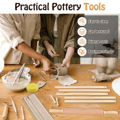 Akamino 20 Pcs Pottery Tools Include 1 Wood Rolling Pin,1 Portable Pottery Linen Tablecloth, 10 Pcs 5 Size Teaching Rolling Mud Stick Guide, 8 Clay Sculpting Tools for Manual Self Ceramic Clay Making