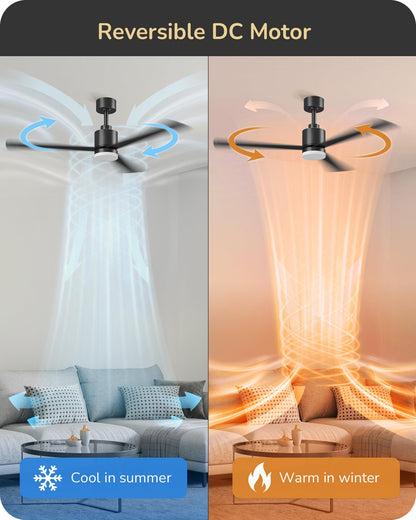 EDISHINE 52" Modern Matte Black Ceiling Fans with Lights, Noiseless, Remote Control, 3CCT Dimmable, Reversible DC Motor, 6 Speeds, Indoor Ceiling Fan for Bedroom, Living Room, Home Office