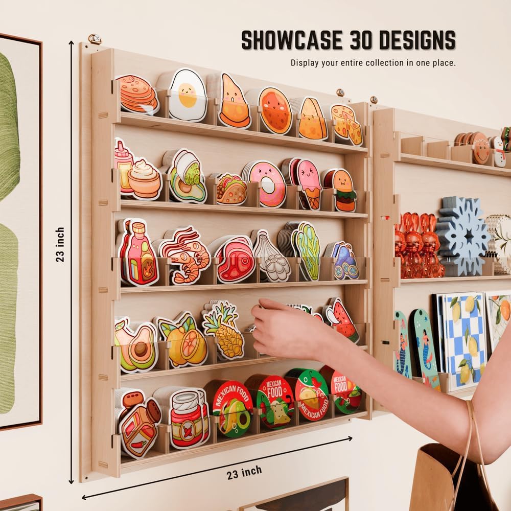 HOTCAN Sticker Display Stand for Vendors, Artists, and Shops | Clear Acrylic Sticker Organizer for Craft Fairs, Retail & Classroom Store | Durable Plywood Base and Easy DIY Wall Assembly (30 Pockets)