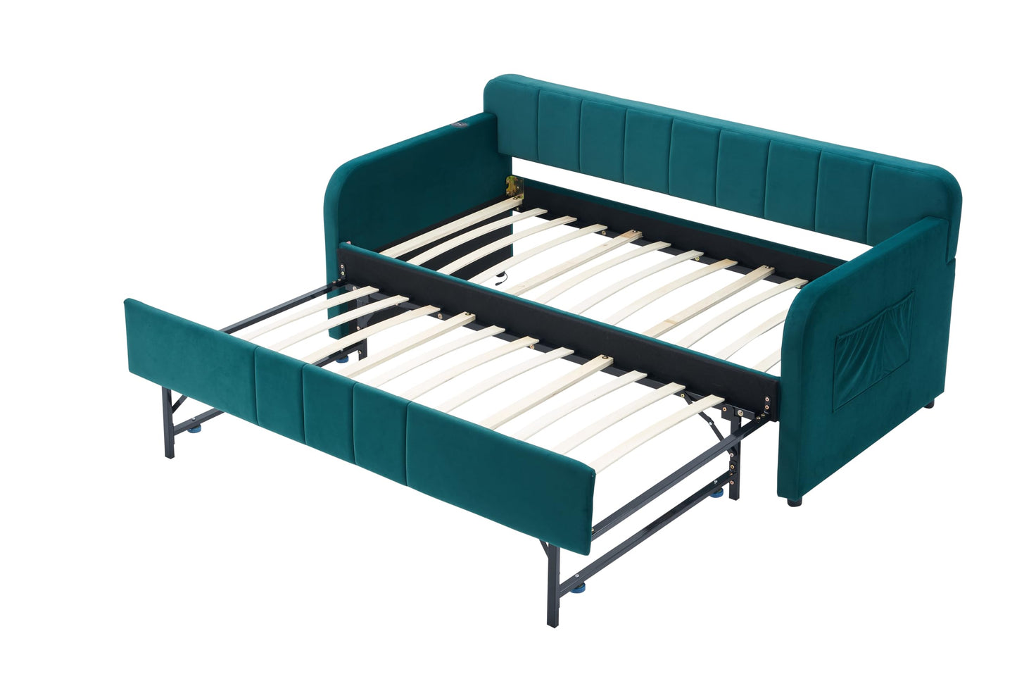 Ball & Cast Twin Size Daybed with Pop up Trundle,Velvet Upholstered Day Bed Frame with Channel Tufted Backrest,Extendable Trundle Bed with USB Port & Side Pocket,Twin to King Design,Emerald