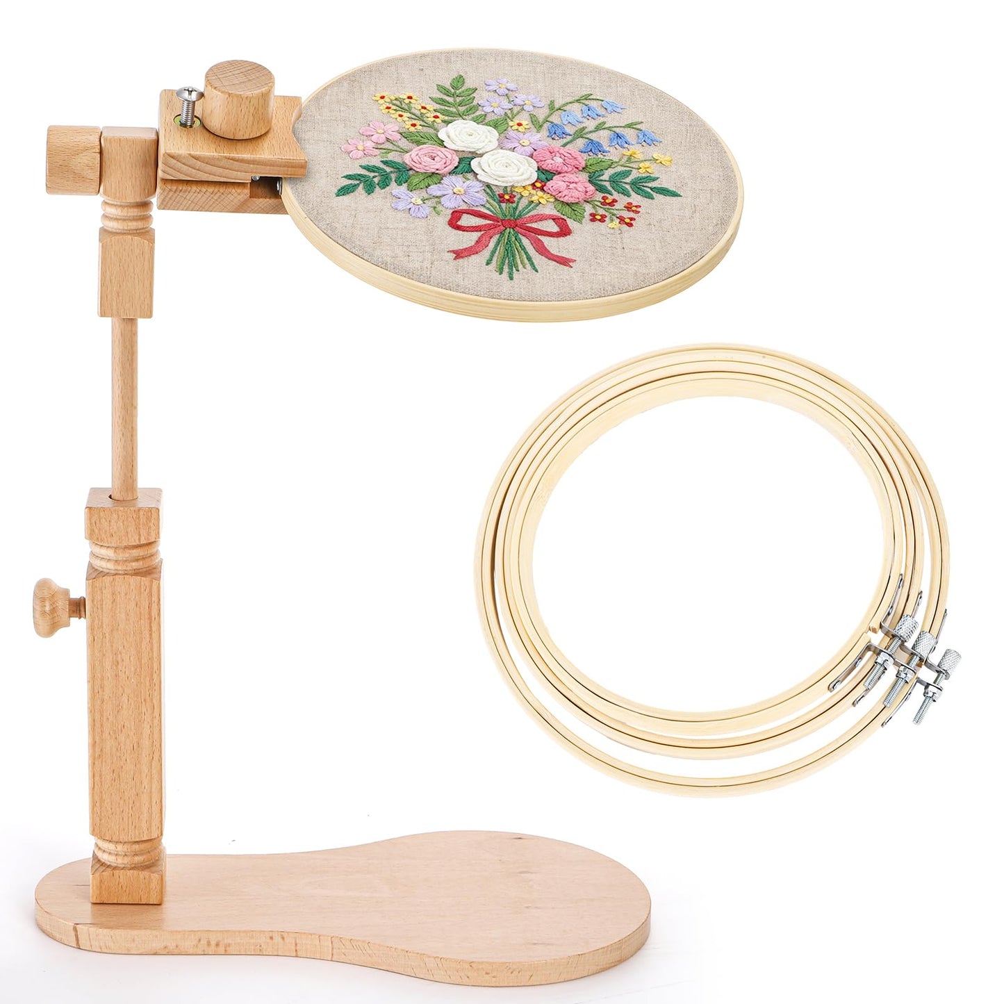 Tosnail Beech Wood Adjustable Rotatable Embroidery Hoop Stand with 3 Hoops, 6 Inch, 7 Inch, 8 Inch, Cross Stitch Frame Holder for Hand Embroidery, Cross Stitch, Needlepoint, Sewing Project