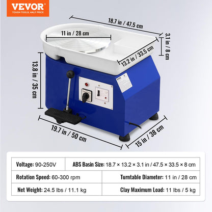 VEVOR 11inch Pottery Wheel, 350W Ceramic Wheel Forming Machine, Adjustable 60-300RPM Speed Handle and Foot Pedal Control, ABS Detachable Basin Sculpting Tool Apron Accessory Kit for Work Art Craft DIY