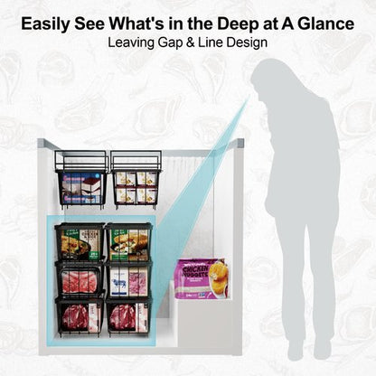 iSPECLE Chest Freezer Organizer Bins 8 Pack - Fit 7 Cu.Ft Deep Freezer, 2 Adjustable Hanging Baskets and 6 Pack Stackable Freezer Bins, Deep Freezer Organizer Bins Sort Frozen Food, Black