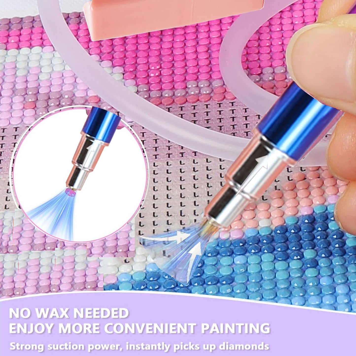 Diamond Art Painting Vacuum Pen Kit, Electric Diamond Art Pen with Screw Multiplacers, Roller, Storage Tray, No Wax Needed Diamond Art Accessories DIY 5D Art Craft Jewelry Bead Rhinestones (Pink)
