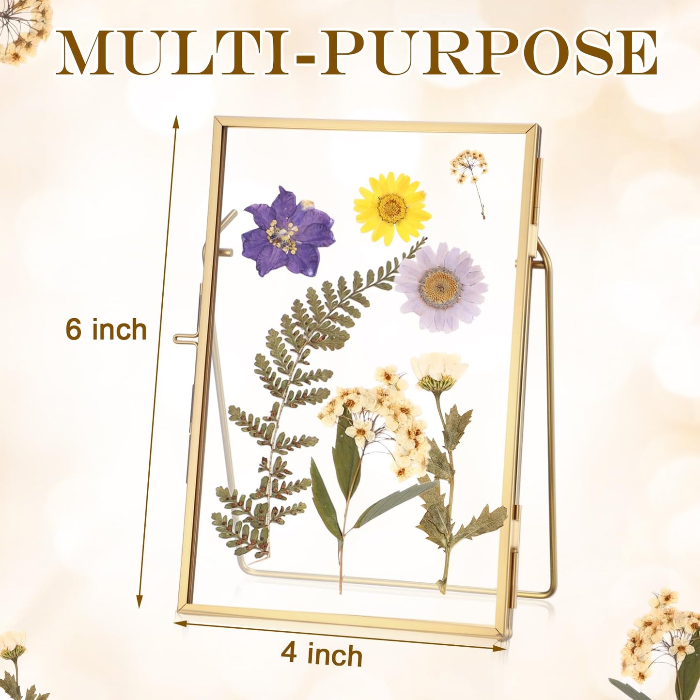 Vicenpal 3 Pack Glass Pressed Flower Frame Handmade, 4 x 6 floating Picture Frames for Pressed Flowers, Brass Double Glass for Tabletop Display, Home Office Plant Specimen, Photos(Gold)