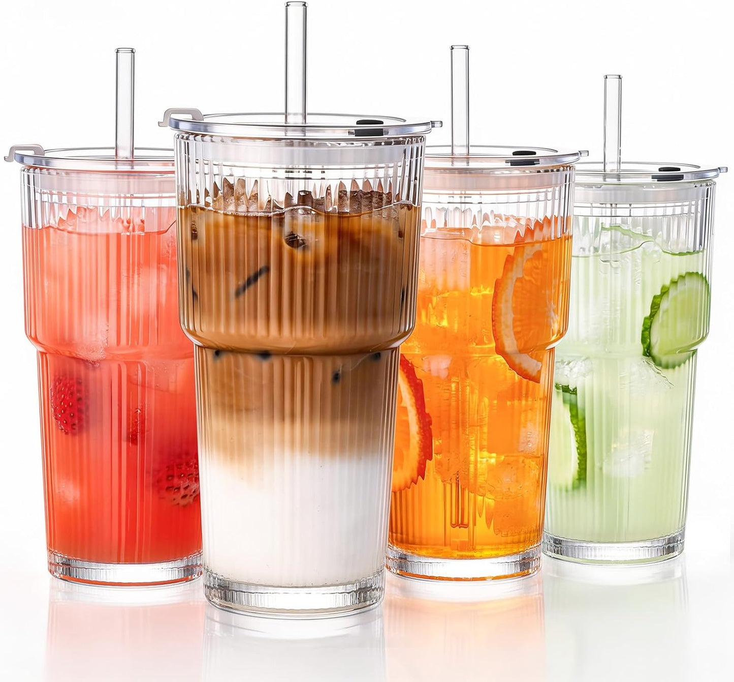 20oz 4 Pack GOSCHE Glass Tumblers with Straws and Lids, Ribbed Iced Coffee Cups Leak-proof, Dishwasher Safe, Thickened