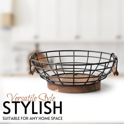 Black Wire Fruit Basket with Acacia Wood Base, Large Fruit Bowl for Countertop, Storage for Fruits, Breads, Vegetables
