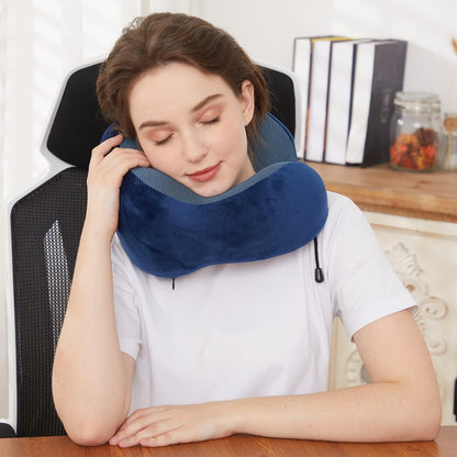 Travel Pillow - Best Memory Foam Neck Support for Sleeping, Airplane, Car & Home Use (Dark Blue)
