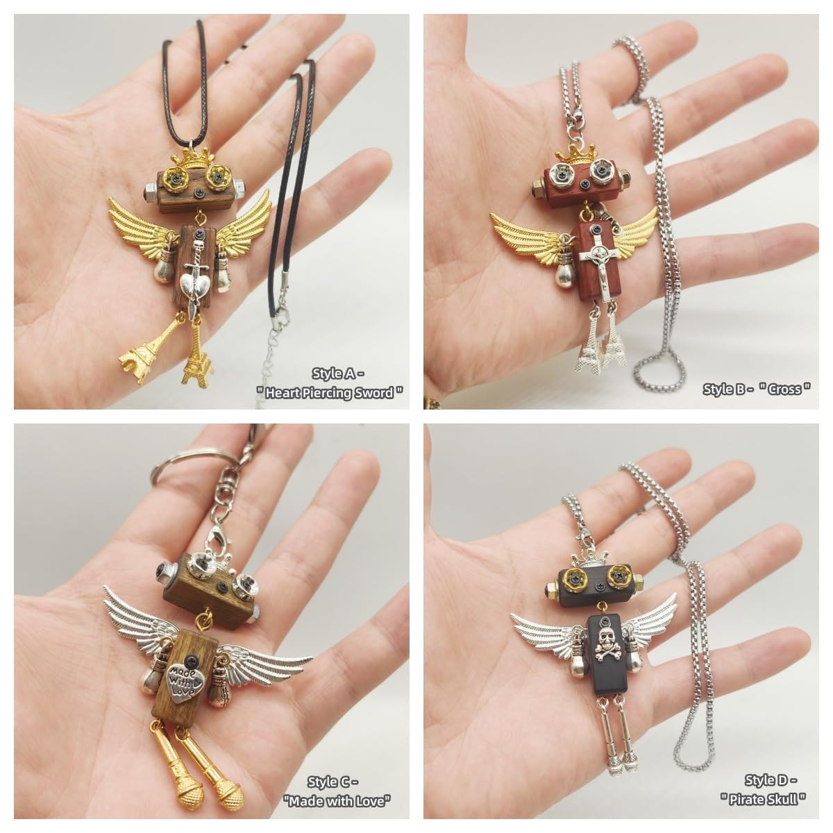DEUXPER Unique Cross Necklace DIY Set - Wooden Steampunk Robot Charms Pendants, Keychain Decor, Cute Bag Chain, Gold Silver Jewelry Gifts Craft Project for Women Men