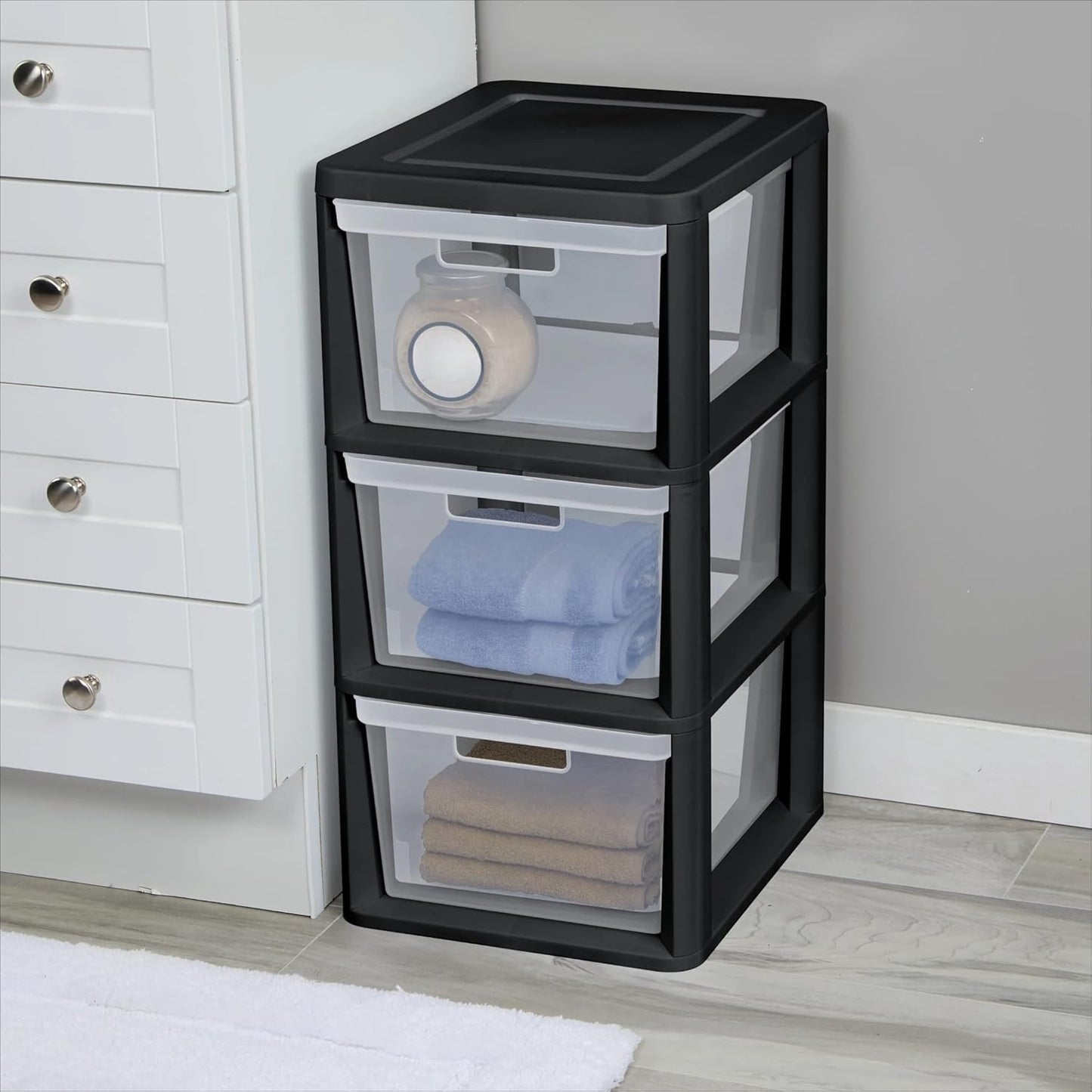 CLMSTE 3 Plastic Drawer Wide Tower Plastic Storage Cart with Clear Pull Out Drawers, Black (Black, Drawer Wide Tower)