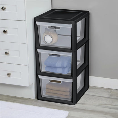 CLMSTE 3 Plastic Drawer Wide Tower Plastic Storage Cart with Clear Pull Out Drawers, Black (Black, Drawer Wide Tower)