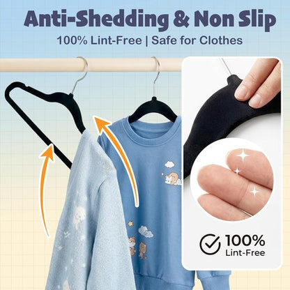 HOUSE DAY 14-Inch Kids Velvet Hangers - Durable Non-Slip Felt Hangers for Youth & Teens | 50 Pack, Black