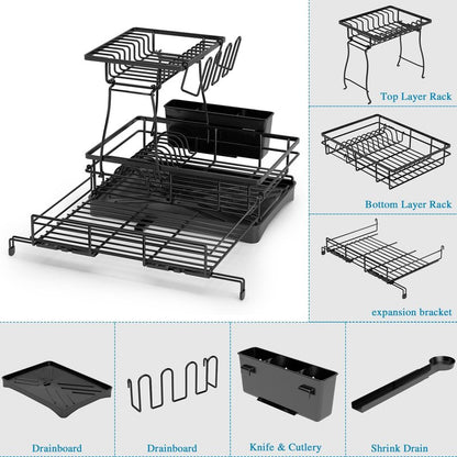 2 Tier Dish Drying Rack, Large Extendable Dish Racks for Kitchen Counter or Over Sink, Dishrack with Drainboard, 2-in-1 Anti-Rust Stainless Steel Dish Drainer with Utensil Holder & Cup Holder (Black)