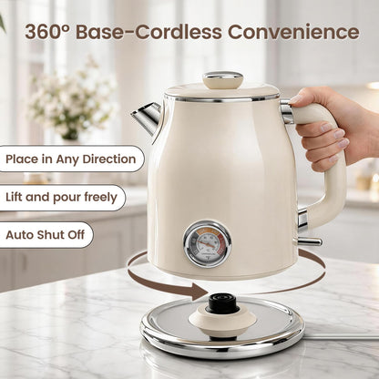 Mecity Retro Electric Kettle 1.7L, Stainless Steel Interior (No Plastic Contact), Double Wall Cool Touch, Fast Boil 1500W, Thermometer (°F/°C), Removable Lid, Wide Opening Easy Cleaning, 120V, Cream