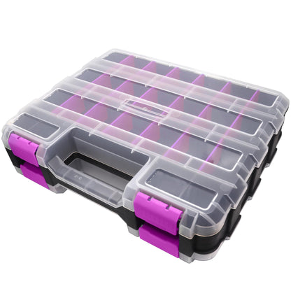 Tools Organizer Box Small Parts Storage Box 50-Compartment Double Side Hardware Organizers with Removable Plastic Dividers for Screws, Nuts, Nails, Bolts, Purple