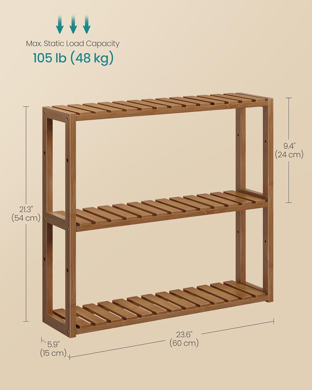 3-Tier 5.9 23.6 21.3 Inches, UBCB013K01 SONGMICS Bamboo Bathroom Shelf, Adjustable Plants Rack, Wall-Mounted or Stand