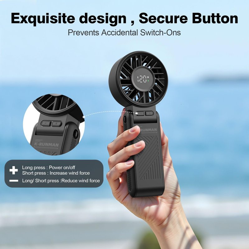 K-RUNMAN Portable Handheld Fan, 4000mAh Rechargeable, 6 Speed Settings, LCD Display, 3-in-1 Foldable Mini Desk Fan with Lanyard (BLACK)