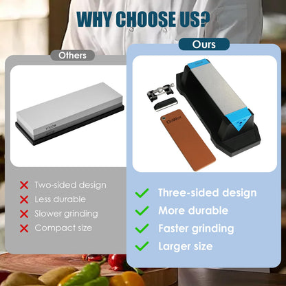 Diamond Knife Sharpener, Larger Sharpening Stone, 360/600/1000 Grit Whetstone Knife Sharpener Kit with Honing Guide, Angle Guide, Leather Strop for Kitchen Knives, Chisels, Tools, Outdoor Gear