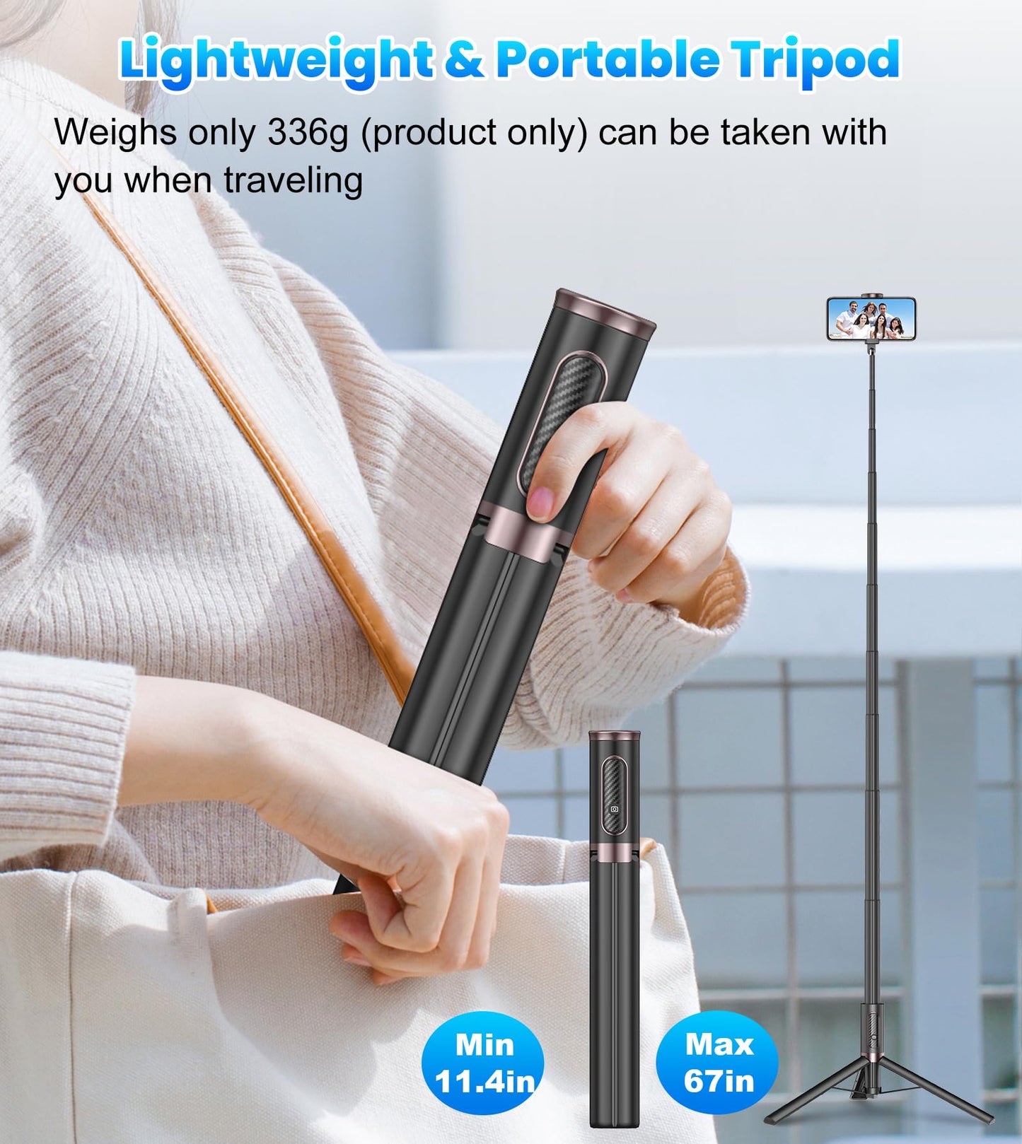 TONEOF 68" Magnetic Selfie Stick Tripod with Aluminum Strong Magnetic Holder for Magsafe, 360° Rotatable Travel Phone Tripod Stand with Metal Ring & Rechargeable Remote for iPhone/Android(Beige Gray)