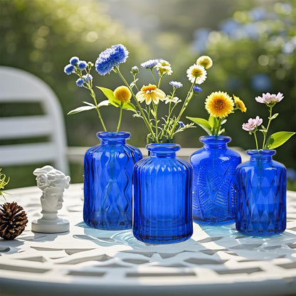 ELEGANTTIME Cobalt Blue Glass Bud Vase Small Flower Vase Mini Bottle with Cork Wire Handle Design for Deco Cafes, Office Table, Home and Garden(Set 5)
