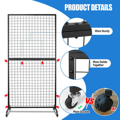 NectaCol Grid Wall Panels, 2 Packs 3'x 6' Grid wall Panels Stand with T-Base, Black Wire Gridwall Display Rack, Craft Show Display Rack, Art Gridwall Display Stand