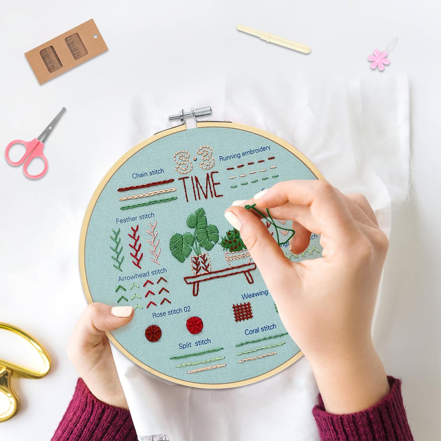 KintKita Embroidery Kit for Adults Beginners, 3 Stages to Learn 31 Basic Embroidery Stitches Practice Cross Stitch Kits for Beginners with Embroidery Patterns, Hoop,Threads,Tools
