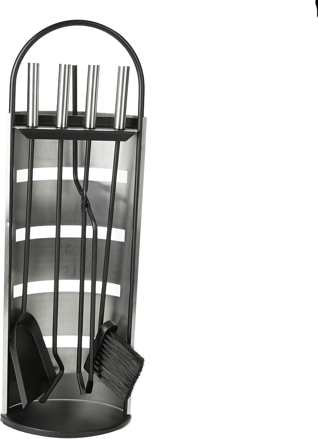 Mind Reader Fireplace Set with Stand - 4 Pcs, Durable Steel, Brush, Shovel Scoop, Poker, Tongs, Silver