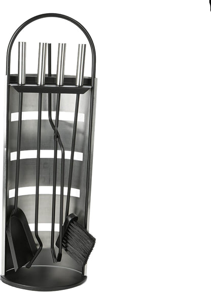 Mind Reader Fireplace Set with Stand - 4 Pcs, Durable Steel, Brush, Shovel Scoop, Poker, Tongs, Silver